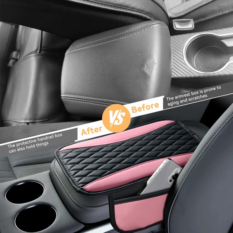 Tioollev Patchwork Leather Car Center Console Cover,Microfiber Leather Vehicle Armrest Protector Cushion with 2 Storage Bags,Universal Cars Armrest Cushion for SUV, Sedan, Truck (Pink) - Image 3